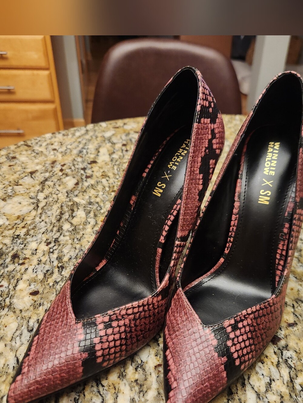 Winnie Harlow X SM  Pink Snake-Print Pointed Toe Pumps, Size 7.5 M